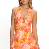 Lioren Plunging Halterneck Mini Dress Floral Orange