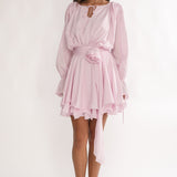 Maeva Long Balloon Sleeve Rosette Mini Dress Baby Pink