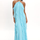 Cici Halterneck Ruffle Maxi Dress Aqua