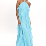 Cici Halterneck Ruffle Maxi Dress Aqua