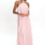 Cici Halterneck Ruffle Maxi Dress Pink