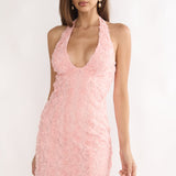 Averina Rosette Halterneck Mini Dress Pink