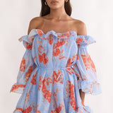 Telora Off-Shoulder Ruffle Mini Dress Floral Blue