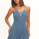 Quira Pintuck Pleat Mini Romper Denim Blue