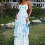 Vianne Tiered Cut-Out Maxi Dress Floral Blue