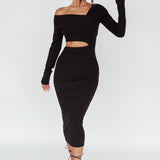 Tamar Long Sleeve One-Shoulder Midi Dress Black
