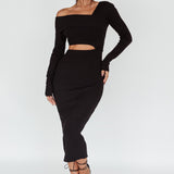 Tamar Long Sleeve One-Shoulder Midi Dress Black