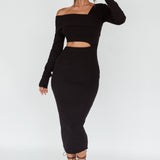 Tamar Long Sleeve One-Shoulder Midi Dress Black