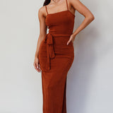 Serenade Me Square Neckline Side Split Midi Dress Cinnamon