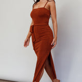 Serenade Me Square Neckline Side Split Midi Dress Cinnamon