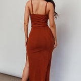Serenade Me Square Neckline Side Split Midi Dress Cinnamon