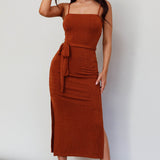 Serenade Me Square Neckline Side Split Midi Dress Cinnamon