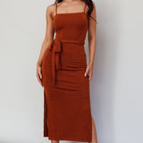 Serenade Me Square Neckline Side Split Midi Dress Cinnamon