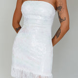 About You Strapless Fringe Mini Dress Sequin White