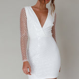 Juno Plunging Neckline Sequin Mini Dress White