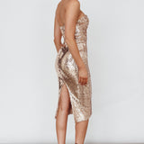 Encore Strapless Sequin Midi Dress Gold