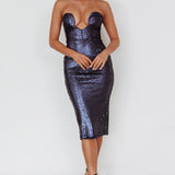 Encore Strapless Sequin Midi Dress Navy