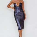 Encore Strapless Sequin Midi Dress Navy