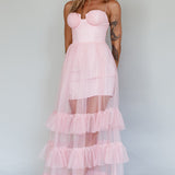 Moonlight Sonata Ruffle Mesh Maxi Dress Cameo Pink