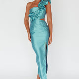 NY Moment Wide Ruffle Shoulder Dress Forest Green