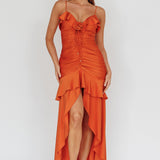 Rosalia Ruched Ruffle Maxi Dress Chocolate