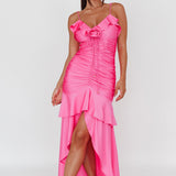 Rosalia Ruched Ruffle Maxi Dress Fuchsia