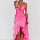 Rosalia Ruched Ruffle Maxi Dress Fuchsia