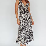 Turin V-Neckline Print Midi Dress Black