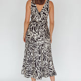 Turin V-Neckline Print Midi Dress Black
