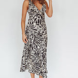 Turin V-Neckline Print Midi Dress Black