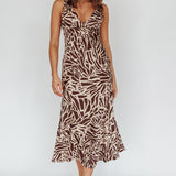 Turin V-Neckline Print Midi Dress Chocolate