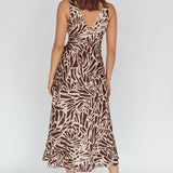 Turin V-Neckline Print Midi Dress Chocolate
