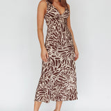 Turin V-Neckline Print Midi Dress Chocolate
