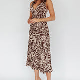 Turin V-Neckline Print Midi Dress Chocolate