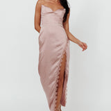 Winter Moon Strapless Lace Trim Midi Dress Dusty Pink