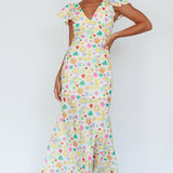 Long Summer Flutter Sleeve Maxi Dress Printed White