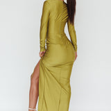 Evening Dusk Long Sleeve Ruched Split Dress Green