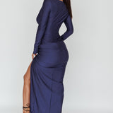Evening Dusk Long Sleeve Ruched Split Dress Navy