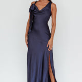 Averie Bow Shoulder Split Midi Dress Navy