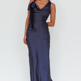 Averie Bow Shoulder Split Midi Dress Navy