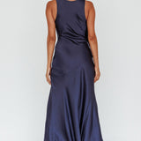 Averie Bow Shoulder Split Midi Dress Navy