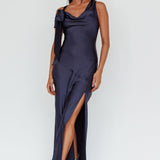 Averie Bow Shoulder Split Midi Dress Navy