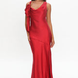 Averie Bow Shoulder Split Midi Dress Red
