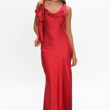 Averie Bow Shoulder Split Midi Dress Red