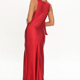 Averie Bow Shoulder Split Midi Dress Red