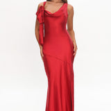 Averie Bow Shoulder Split Midi Dress Red