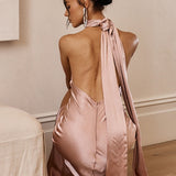 Lunar Eclipse Halterneck Satin Midi Dress Dusty Pink
