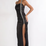 Glitterati Halter Diamante Maxi Dress Black