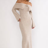 Arwyn Foldover Off-Shoulder Knit Maxi Dress Quinoa