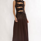 Dioris Rosette Cut-Out Sequin Maxi Dress Sequin Choco